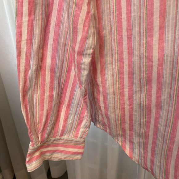 Lauren Ralph Lauren Linen Striped Button Front Boyfriend Long Sleeve Blouse SZ M - Picture 8 of 10